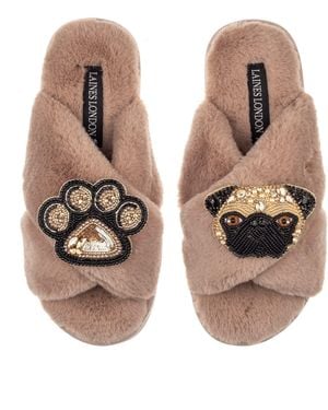 Laines London Classic Laines Slippers With Franki The Fawn Pug & Paw Brooches - Brown
