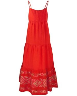 Haris Cotton Maxi Linen Strap Dress With Embroidered Panels On The Hem-Strawberry