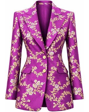 Richa Sharma Luxury Handcrafted Amethyst Silk Brocade Blazer With Floral Detailing - Purple