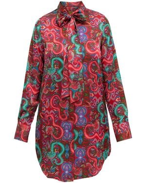 Janara Jones Fantasy Print Satin Long-Sleeve Mandarin Collar With Tie Blouse - Red