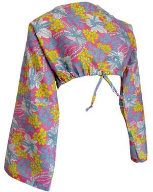 Couture to Your Door Vintage Floral Kimono Cropped Top Japanese Style - Blue