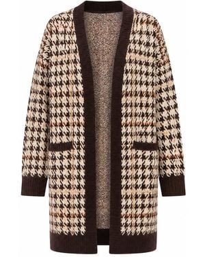 Yumi' Knitted Check Long Cardigan - Brown