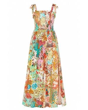 Yumi' Multicolour Patchwork Split Hem Maxi Dress With Tie Straps - White