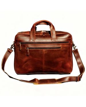 Touri Genuine Leather Briefcase With Zip Pockets - Brown