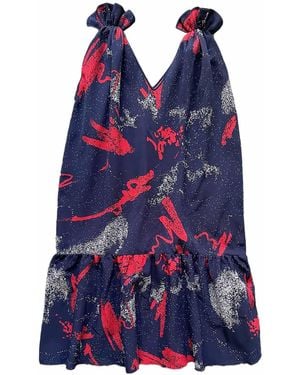 Arto. Shoulder Ruffles Gathered Floral Midi Dress - Blue