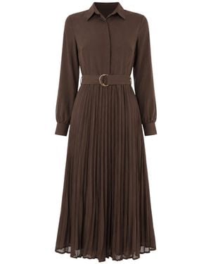 John Abgin Chiffon Belted Pleated Midi Shirt Dress - Brown