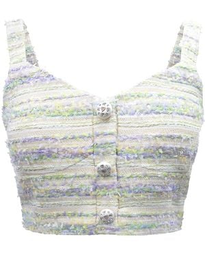 Riviera Soirée Thea Button-Embellished Tweed Top - Blue