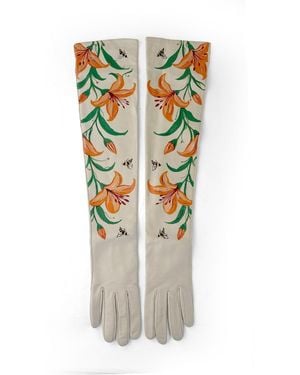 Maison Rubaiyat Neutrals Cofea Extra Long Hand-Painted Nappa Leather Art Gloves – Lilies - Metallic