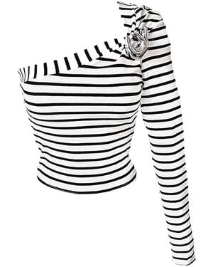 London Atelier Byproduct Striped One Sleeve Top With Metal Brooch - Multicolour