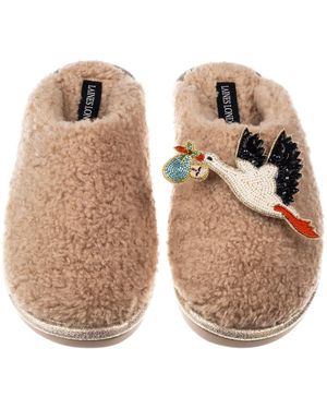 Laines London Neutrals Toffee Teddy Closed Toe Slippers With Baby Boy Stork Brooches - Natural