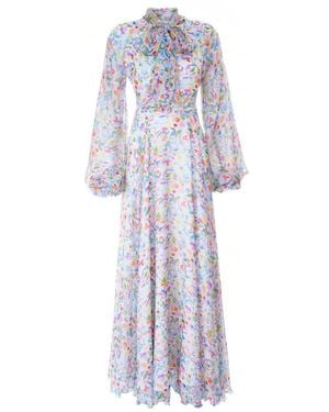 Sofia Tsereteli Long Chiffon Dress In Watercolour Print - Blue