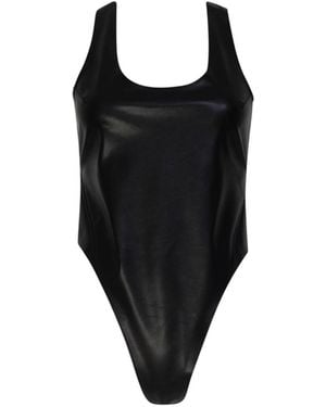 Circular Path Scoop Neck Criss Cross Bodysuit Top-Swimsuit - Black