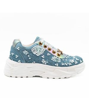 Rettrose Maeve Luxury Dusky Satin Handmade Embellished Trainers - Blue
