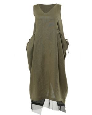 Metamorph Long Linen Dress With Oversized Pockets - Green