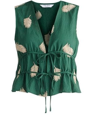 Paisie Leaf Embroidered Tie Front Waistcoat - Green