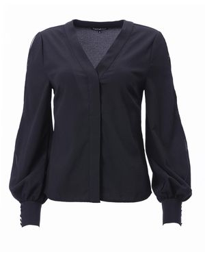 Carloslines V-Neck Bar Tack Long Sleeve Blouse - Blue