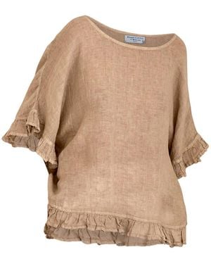 Haris Cotton Neutrals Linen Gauze Blouse With Ruffles Beach Sand - Natural