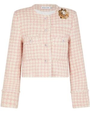 Sour Figs Brooch-Detail Checked Bouclé Tweed Jacket - Pink