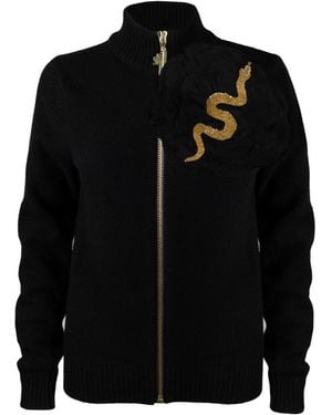 House of Laines London Cashmere-Wool Zip Cardigan With Embellished Flower With Snake - Black