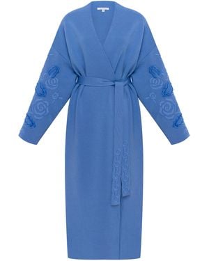 Annabo Rose Belted Merino Wool Knit Coat - Blue