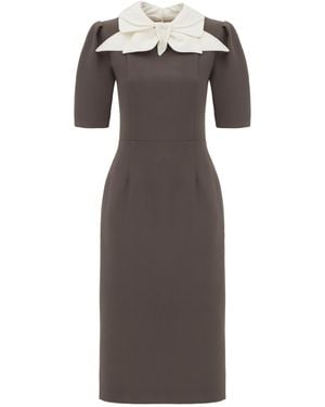 Julia Allert Elegant Midi Dress With Contrast Bow Collar – Taupe - Brown