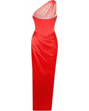 Miss Circle New York Lora Scarlet Crystal Embellished Mesh Satin Corset Gown - Red