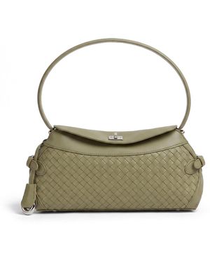 Modenaire Woven Leather Shoulder Bag With Flap Closure And Slim Strap - Green