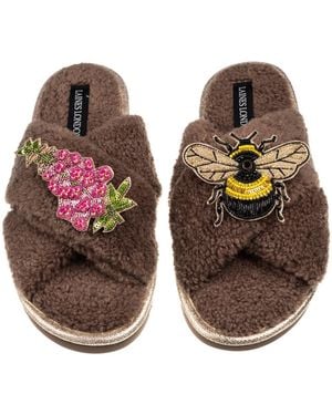 Laines London Neutrals Laines Neutral Boucle Slippers With Honeybee & Foxglove Flower Brooches - Brown