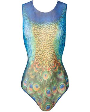 Rodasoleil Smart Swimwear Tan-Through Mesh One-Piece Sleeveless Swimsuit Peacock Mayura - Blue