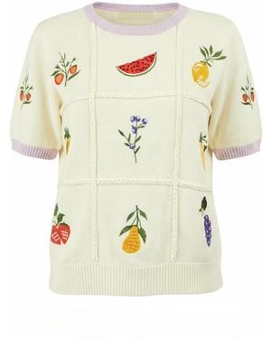 Yumi' Ivory Fruit Cotton Knitted Top - Metallic