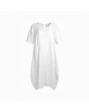 Haris Cotton Linen Balloon Fit Curve Dress With Front Pocket - White
