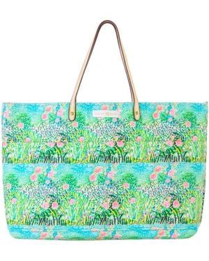 Evelyn & Kate Roses On Classic Canvas Tote With Leather Straps - Green