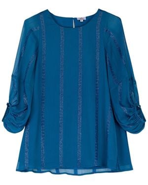 Niza Long Printed Dress With Round Neckline, Short Sleeves And Belt - Blue