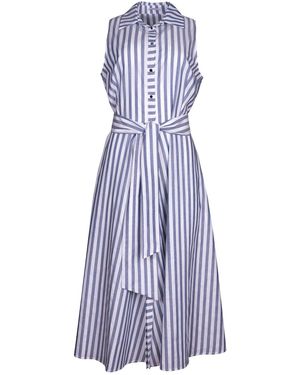 Oh!Zuza Echo Striped Cotton Midi Shirt Dress With Belt & Pockets - Blue