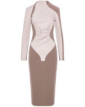 BLUZAT Neutrals Taupe&Cream Colorblock Bodycon Midi Dress With High Neck - White