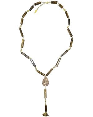 Farra Y Shaped Tiger-Eye Stone With Rhinestone Tassel Lariat Necklace - Brown