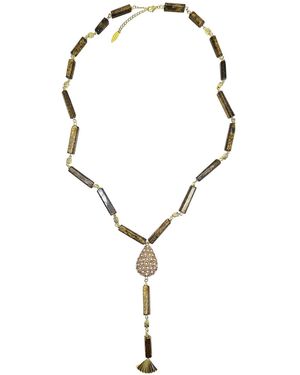 Farra Y Shaped Tiger-Eye Stone With Rhinestone Tassel Lariat Necklace - Brown