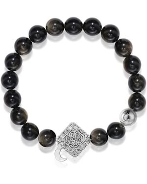 Aurozia Three Charms Lunar Bloom Plated Lotus And The Moon Coin Obsidian Beaded Bracelet For - Black