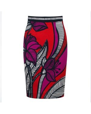 Conquista Floral Print Pencil Midi Skirt – Bold Colours, Elastic Waist, Back Slit - Red