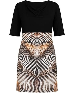 Conquista Elegant Zebra-Print Contrast Dress - Black