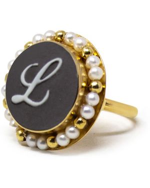 Vintouch Italy Gold Vermeil Black Cameo Pearl Ring Initial L - Metallic