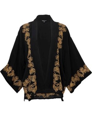 Artemis Muse Japanese Pine Needle Embroidered & Fully Lined Short Kimono - Black