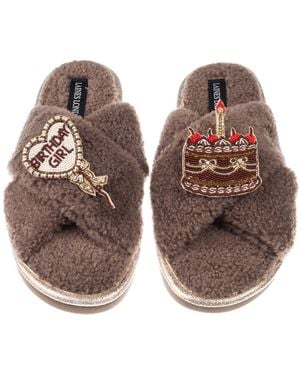 Laines London Neutrals Neutral Boucle Slippers With Birthday Girl Balloon & Chocolate Cake Brooches - Brown