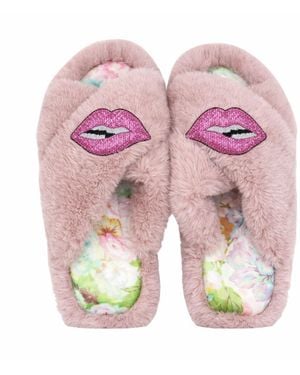 Yomisma Eco Faux Fur Slippers – Recycled Faux Fur + Hand Beaded Lips Removable Brooches + Silk Insoles - Pink