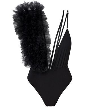 LIA ARAM Contemporary Ruffled Tulle Bodysuit - Black