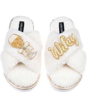 Laines London Neutrals Neutral Boucle Slippers With Wifey & Champagne Brooches - Metallic