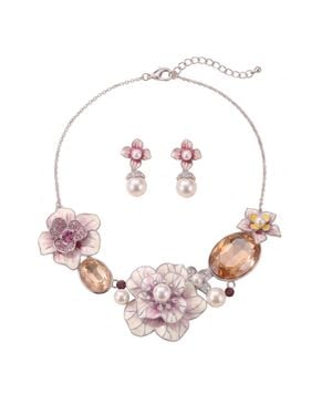 Modenaire Floral Pearl Statement Necklace Earrings Set - Pink