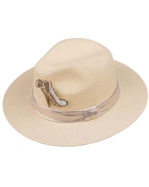Laines London Neutrals Straw Woven Hat With Embellished Wedding Heel Brooch - Natural