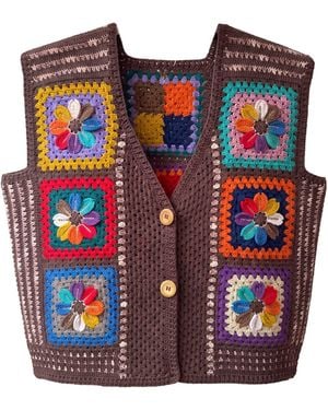 Ana Chic Bracken Flower Granny Square Handmade Crochet Waistcoat - Red