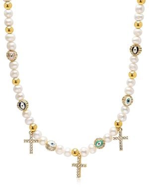 Nialaya Cross Pearl Choker With Evil Eyes - Metallic